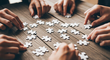 Multiple hands assembling white jigsaw puzzle pieces on wooden table, symbolizing teamwork, collaboration, and problem-solving
