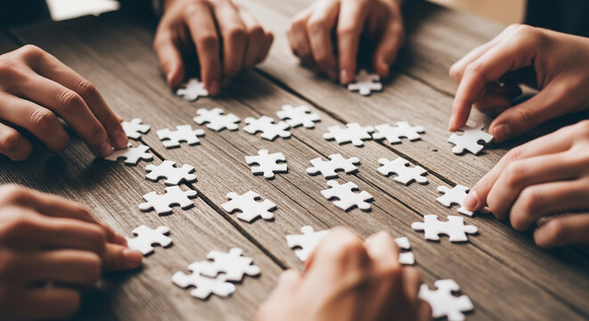 Multiple hands assembling white jigsaw puzzle pieces on wooden table, symbolizing teamwork, collaboration, and problem-solving - Powered by Adobe