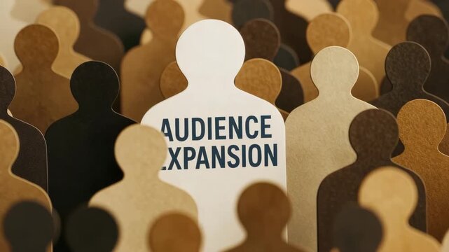 A single light wooden silhouette marked Audience Expansion stands out from a diverse crowd. Concept of market reach growth and demographic diversification.