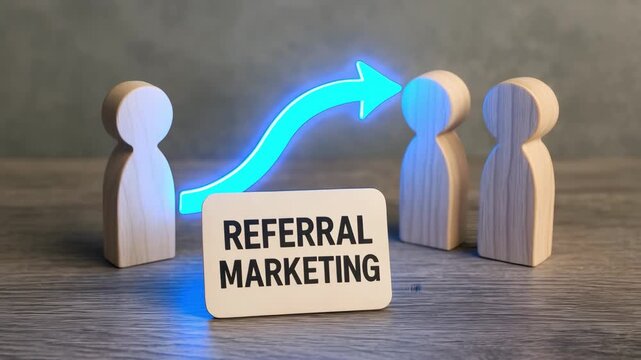 A blue arrow jumps from one wooden figure group to another above a sign saying Referral Marketing. Concept of word‑of‑mouth growth and peer recommendation.

