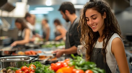 Modern studies kitchen scene showcasing culinary arts. A chef with fresh produce prepares a meal, exemplifying dedication and skill. This captures the essence of food preparation.