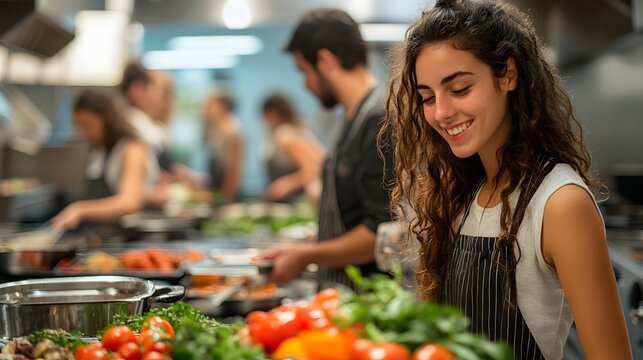 Modern studies kitchen scene showcasing culinary arts. A chef with fresh produce prepares a meal, exemplifying dedication and skill. This captures the essence of food preparation.