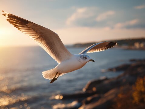 A seagull soars gracefully above the ocean.