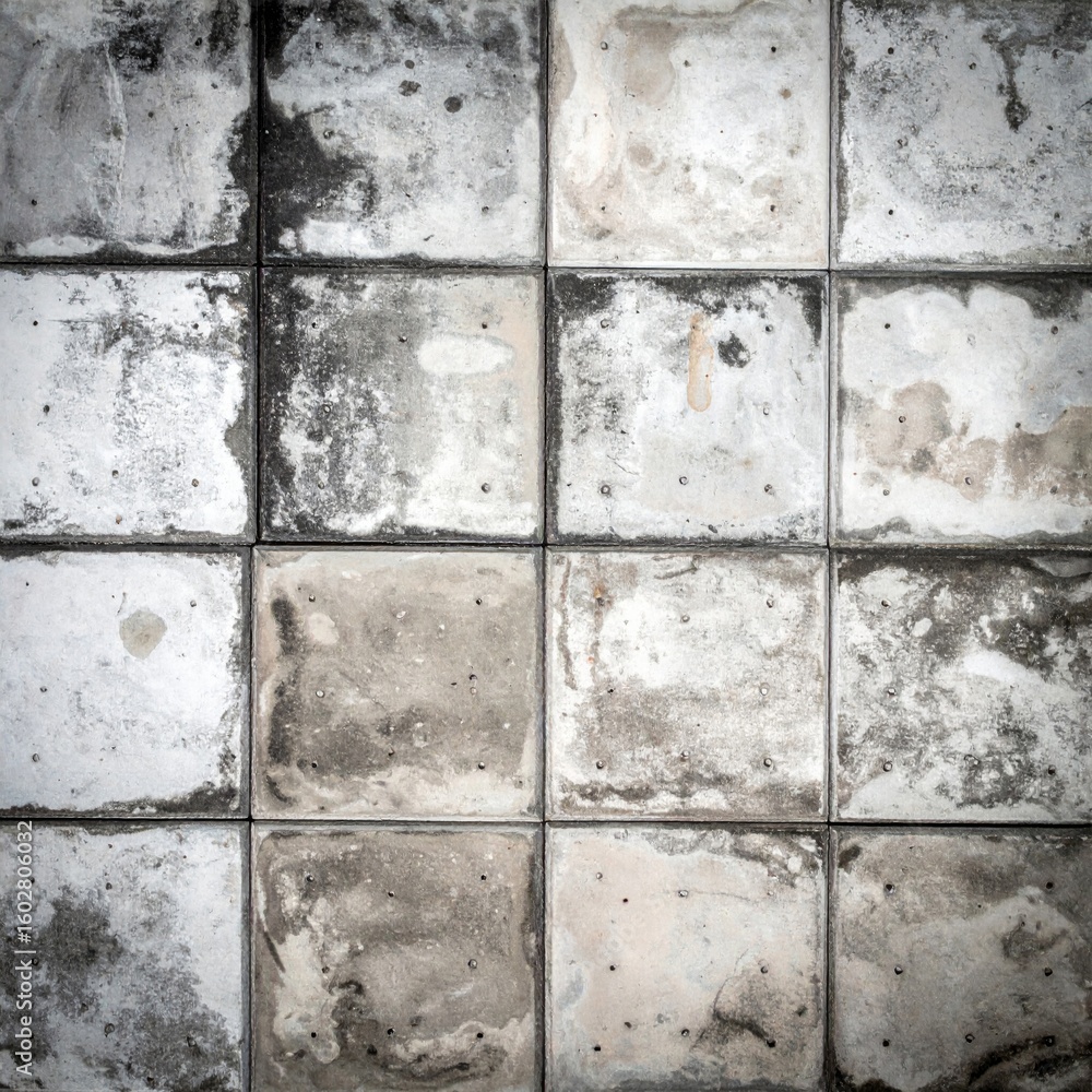 Poster grungy gray square tiles background texture with weathered concrete look