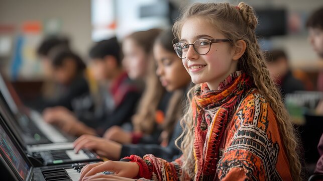 Young students engaged in modern studies, focusing on a girl with blonde hair and glasses smiling at the camera. The classroom setting and digital keyboards suggest creativity and learning.