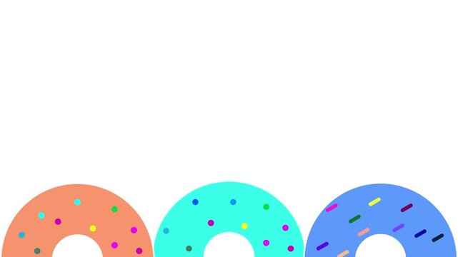 Cartoon animation of a donut with colorful toppings spinning smoothly on a white background.
