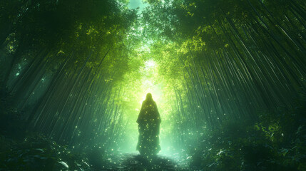 Enigmatic Figure in a Glowing Green Forest