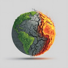 A split Earth: one half green and lush, the other cracked and burning, symbolizing the climate crisis. Clear, impactful design for environmental awareness.