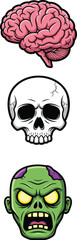 Fototapeta premium Cartoon zombie face, human skull, brain illustration, horror anatomy character, creepy undead head, spooky vector art, Halloween themed design