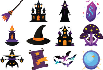 Vector art of a variety of halloween themed icons featuring an axe dragon ghost