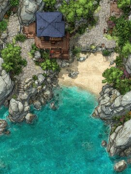 Coastal beach scene with a small wooden house.
