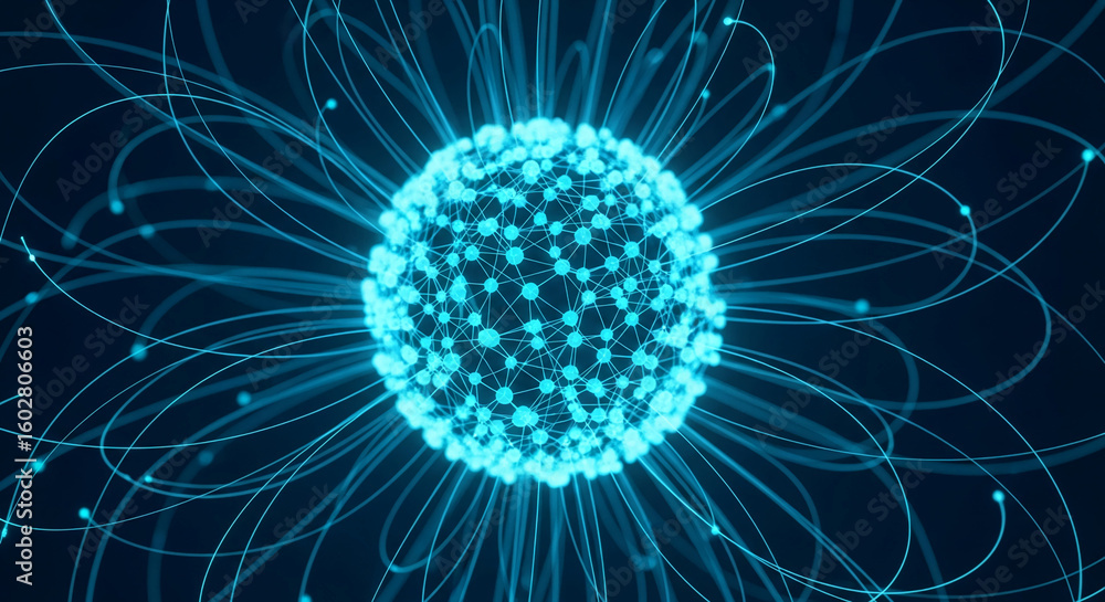 Poster abstract image of glowing blue sphere with interconnected nodes and radiating lines, symbolizing net
