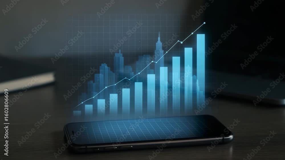 Poster a glowing bar graph and skyline rise from a smartphone screen. concept of mobile analytics insight a