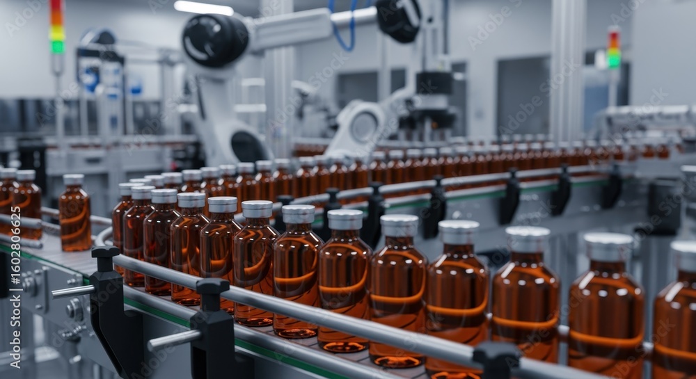 Poster modern pharmaceutical factory using robotic arms to automate the production and handling of amber gl