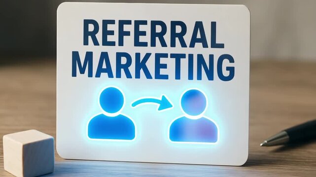 A glowing plaque reads Referral Marketing with icons of people and an arrow between them. Concept of word-of-mouth growth and customer advocacy.