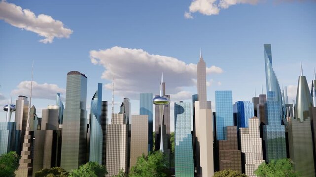 Aerial view of the city in bright daylight, 4K 3D video footage