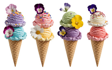 Colorful ice cream cones with edible flowers and Various Flavors and Decorative Toppings sprinkles on transparent background, pastel scoops for dessert, packaging, or summer design.