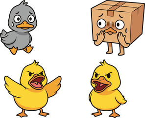 Cute cartoon ducks with emotions, funny duck characters, expressive yellow ducklings, angry and scared faces, animated style, box head character
