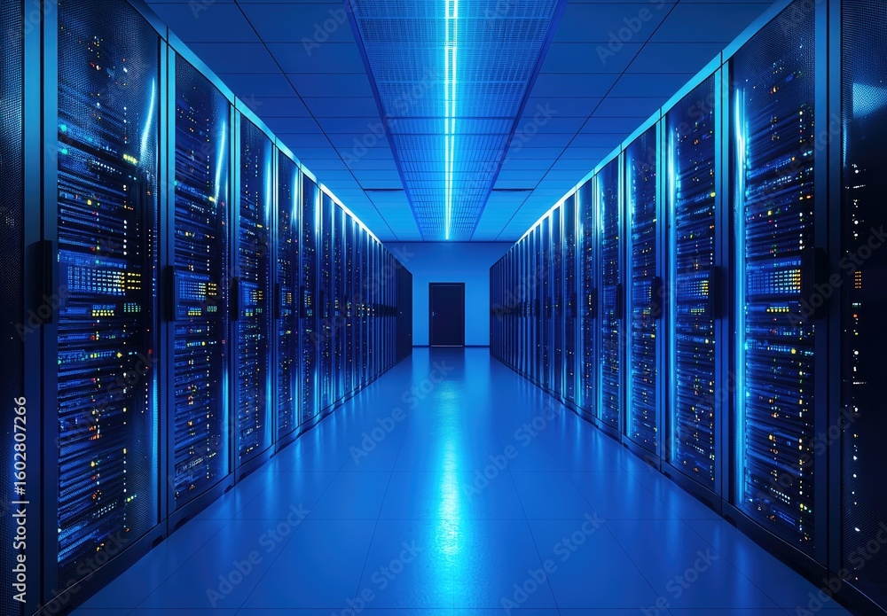 Aufkleber futuristic data center with symmetrical rows of glowing blue server racks under bright led lighting,