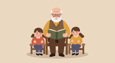 Elderly man reading book to two young girls sitting on chairs  
