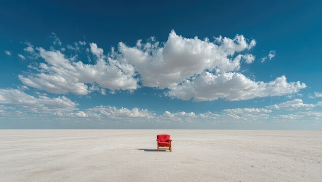 Red armchair on a vast white salt flat under a vast blue sky