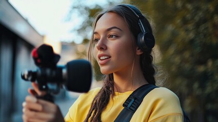 A young woman holding a microphone and camera, showcasing the process of live streaming or creating content for her vlog.