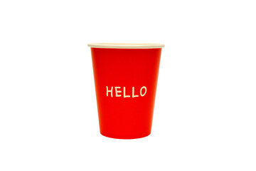 Red paper cup Written hello disposable cup closeup isolated on white background. Template for graphics and advertising, mockup. Eco friendly, sustainable tableware. Zero plastic concept 