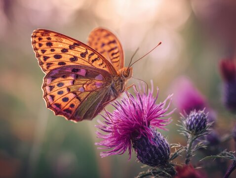 A butterfly rests delicately on a thistle flower.