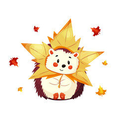 A hedgehog with a large autumn maple leaf around its head. Bright autumn colors. The character is hand-drawn, cute and cozy style. Vector © Victoriya
