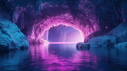 Enigmatic Purple And Blue Lit Cave With Still Water