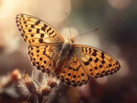 Close-up of a butterfly with intricate patterns.