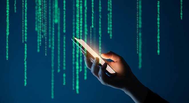 Hand holding smartphone against a backdrop of falling green digital code, symbolizing technology, connection, and data flow.  Free space available