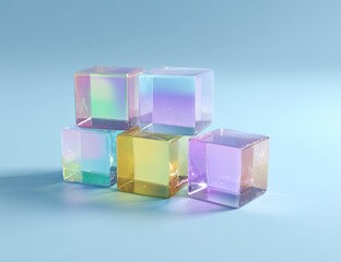 Colorful, iridescent cubes stacked on light blue surface