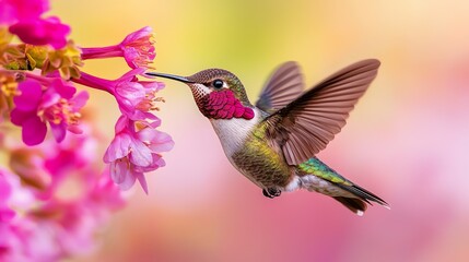 Fototapeta premium Macro photography of a hummingbird's tiny beak inside a flower, probing for nectar