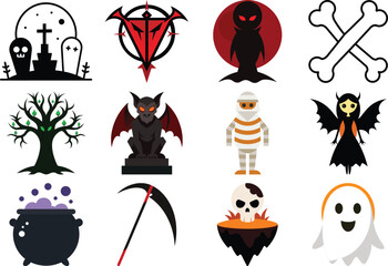 Vector art of a collection of assorted halloween icons including a scarecrow