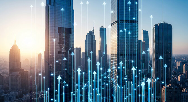 Aerial cityscape view, showcasing skyscrapers with upward-trending blue lines, symbolizing growth, progress, and technological advancement in urban development