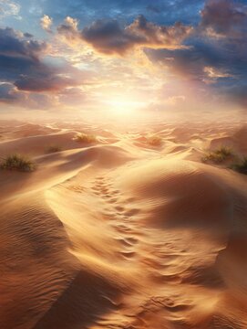 Golden desert dunes under a dramatic sunset sky.