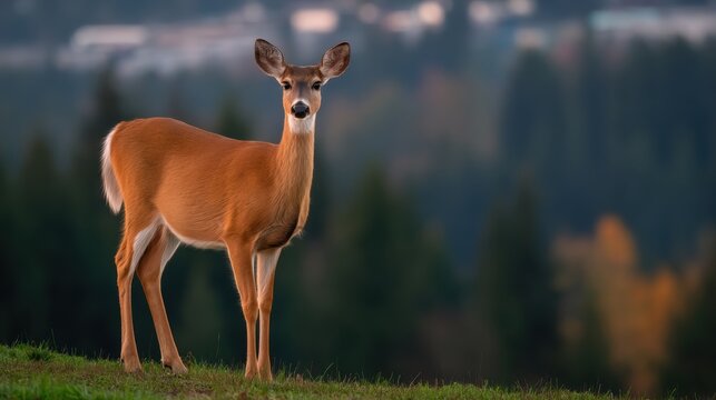 A female deer stands alertly on a grassy hilltop.