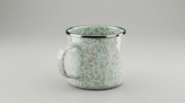 Speckled mug with a metal rim on an off-white surface