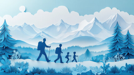 Family Hiking in Snowy Blue Mountains Winter Landscape Paper Art Illustration
