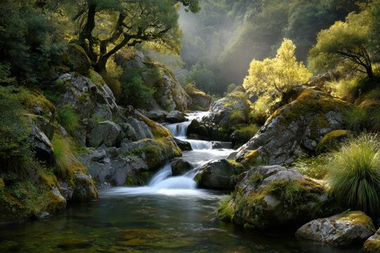 Gentle stream cascading over rocks in a lush forest.