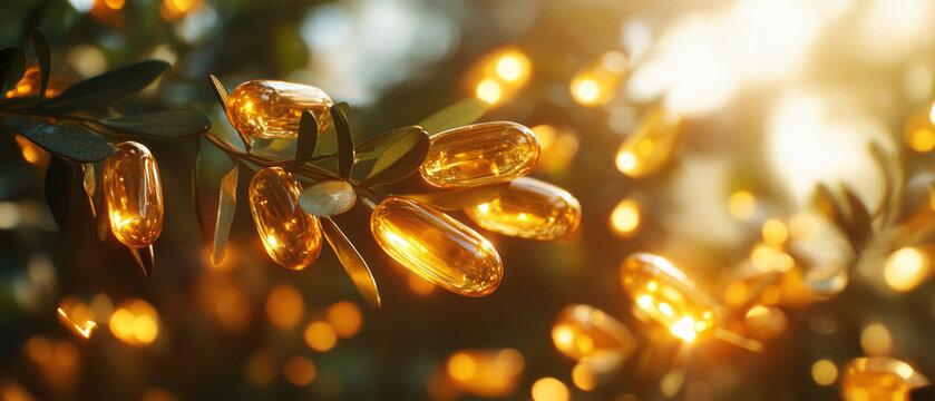 Gold capsules on a tree branch with a blurred background of sunlight. Useful for articles about health, natural supplements and organic lifestyle.