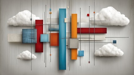 Abstract geometric shapes and floating clouds on a neutral background.