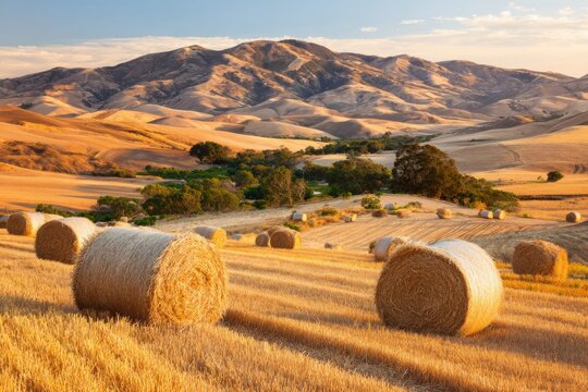 Golden hay bales dot a sun-drenched agricultural landscape.