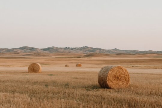 Hay bales dot a vast, golden field stretching to a distant mountain range.