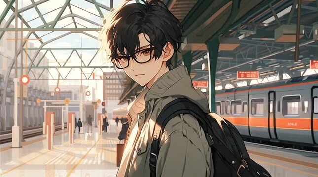 Anime style young man with black hair and glasses stands thoughtfully at quiet train station. soft ambient light and urban setting create mood of solitude, reflection and transition