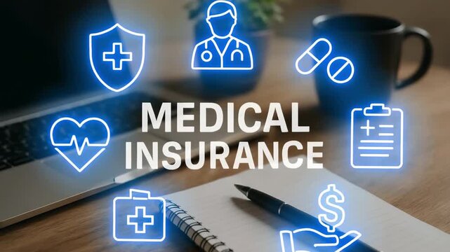 Blue neon symbols for doctor, pill, heart, and shield encircle the words Medical Insurance on a work desk. Concept of healthcare coverage planning and policy choice.