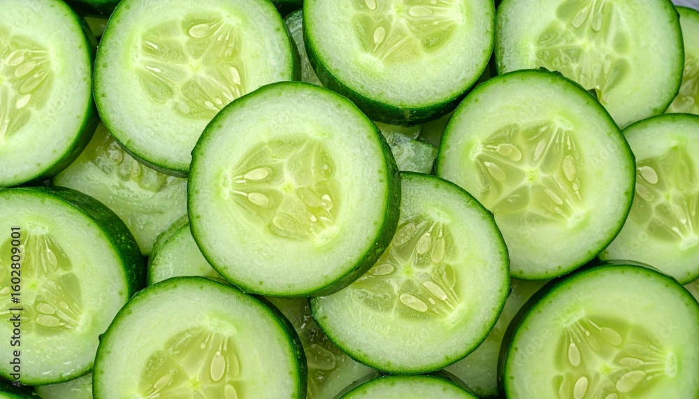 Poster close up of fresh green cucumber slices creating circular pattern backdrop
