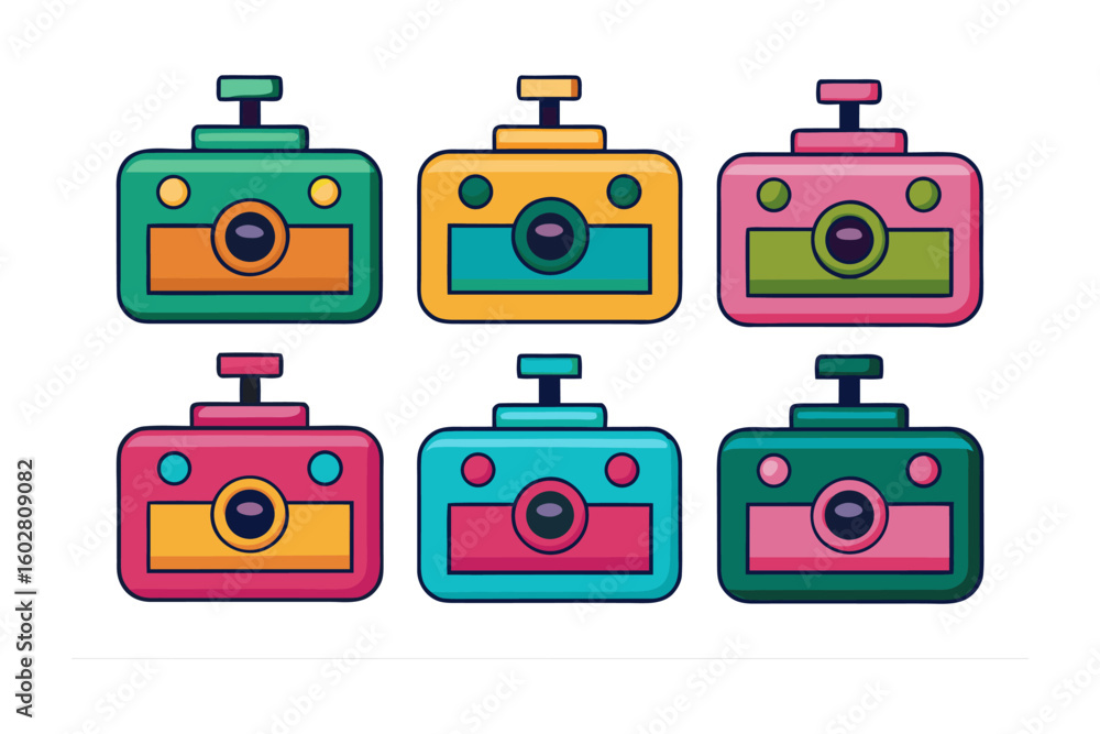 Aufkleber a vibrant collection of six retro style cartoon cameras each featuring a unique color palette and pl