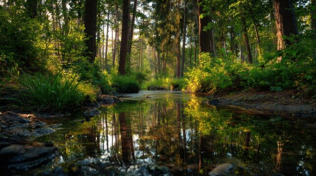 Tranquil forest stream reflecting the sunlight.
